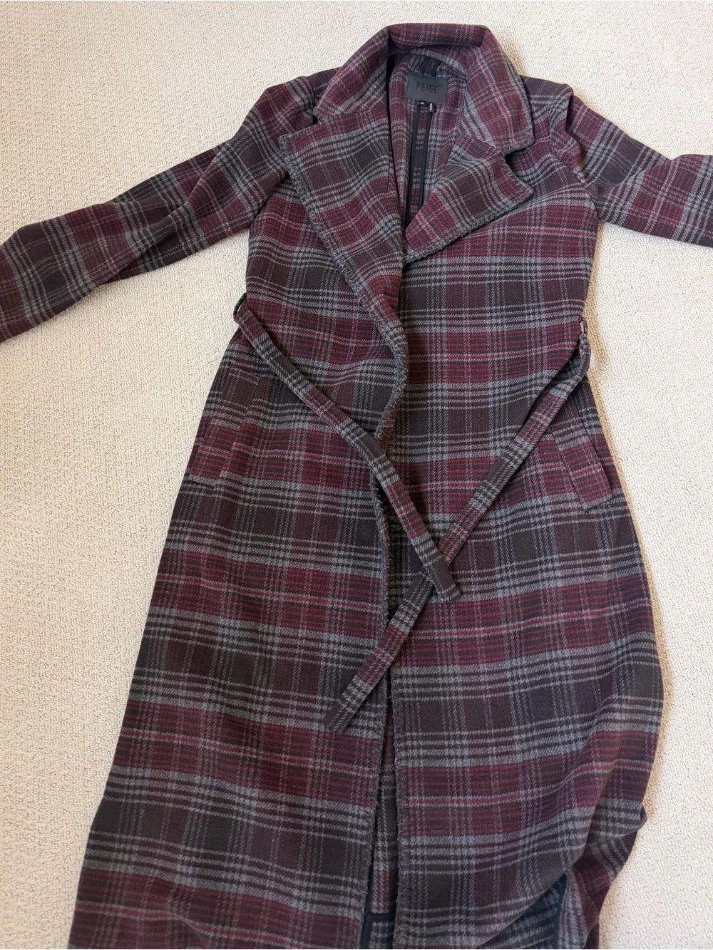 PAIGE Plaid Long Trench Coat in Burgundy and Gray